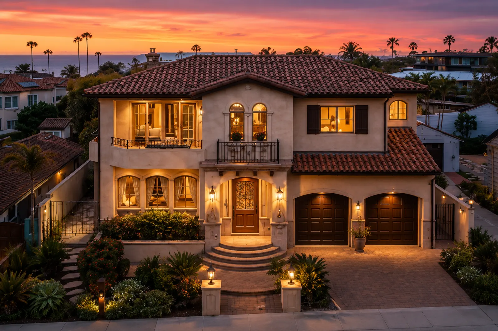 Spanish-style San Diego home framed by palms at sunset, ocean on the horizon